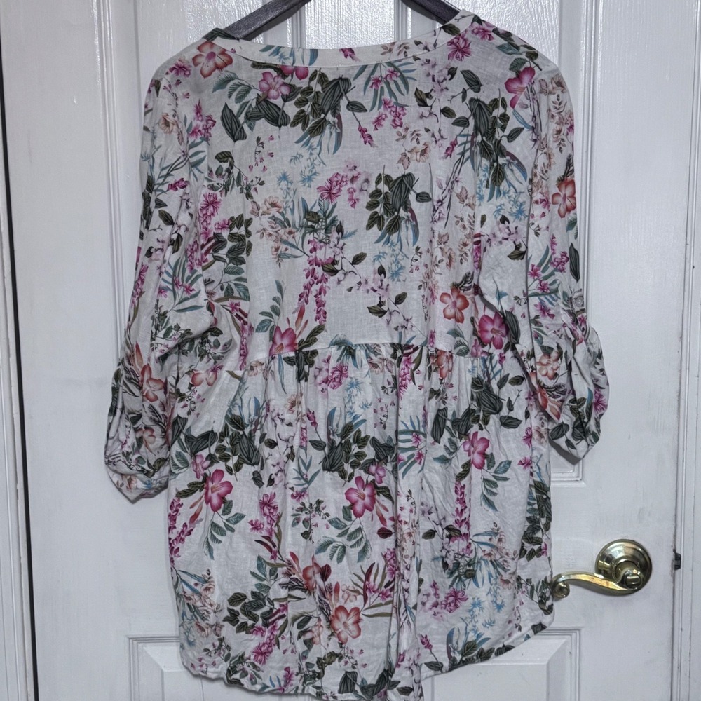 Saint Tropez West Floral Linen Blend Babydoll Top 1X Pink White Roll Tab Sleeve‎ - Picture 11 of 14